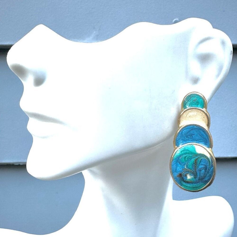 Blue and cream enamel stacked circle earrings